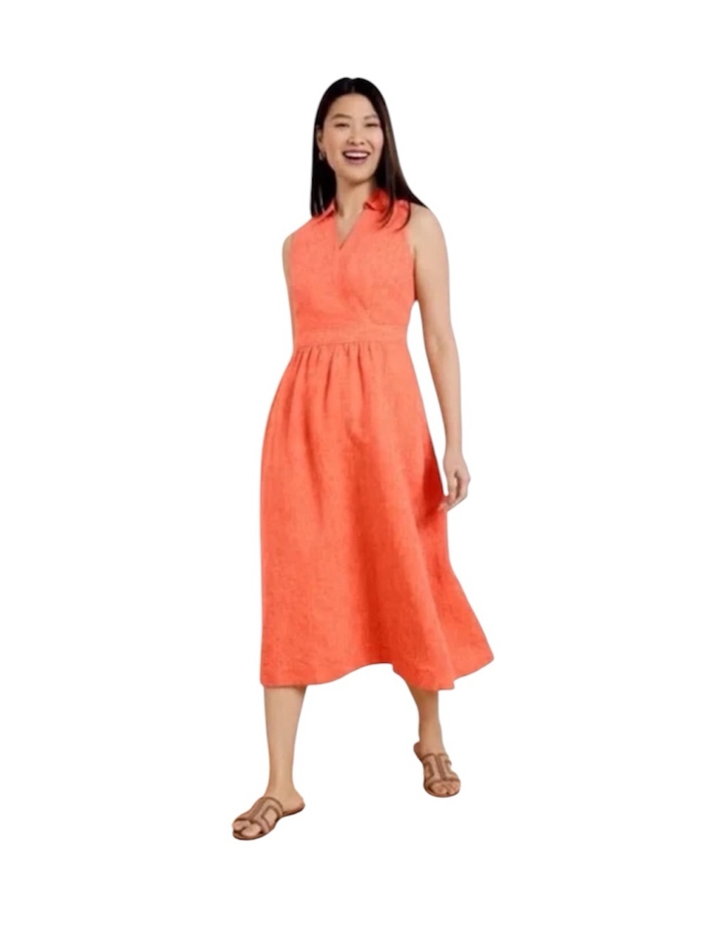 Talbots orange faux wrap linen sleeveless shirt midi dress size 12